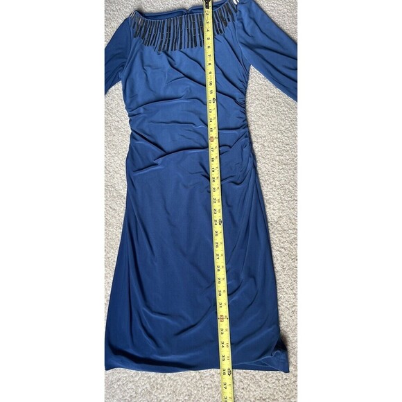 ADRIANNA PAPELL Beaded Shealth Dress Women 4 Blue Ruched 3/4 Sleeve Cocktail NEW - Picture 15 of 16